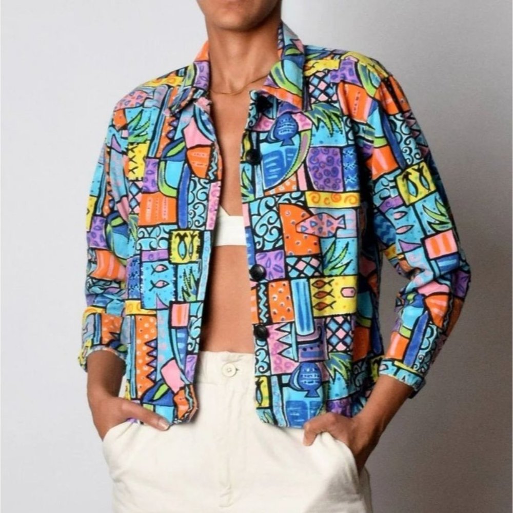 new direction 100% cotton neon tropical beaded fish jacket 90s inspired SZ Small